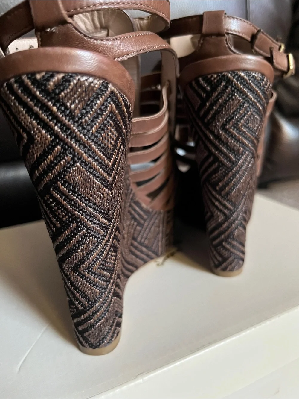 Joan & David Dastephy Brown Leather Caged Wedge Sandal Embroidered Platform